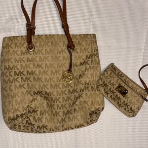 Michael Kors Tan Tote Bag and Small Clutch Bag with Signature Monogram